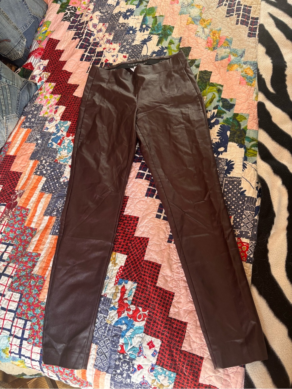 Womans Calvin Klein  Faux Leather Dress Pants - Dark Brown
